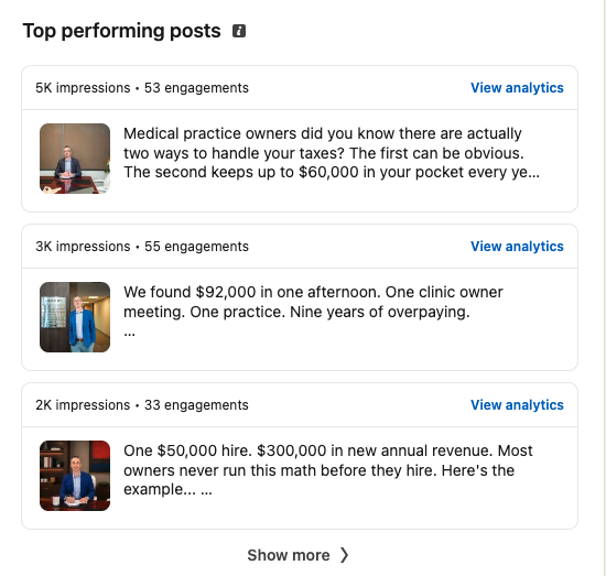 LinkedIn Top performing posts: 5K, 3K and 2K impressions
